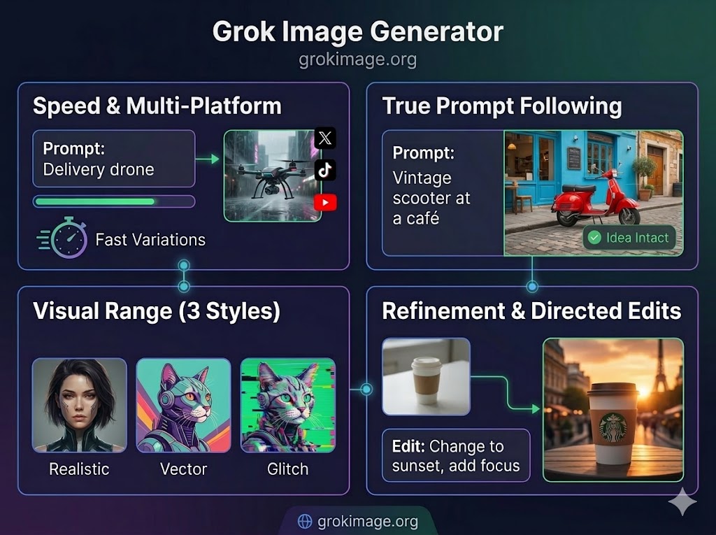 Grok Image capability board for prompt creation, reference edits, formats, and result comparison